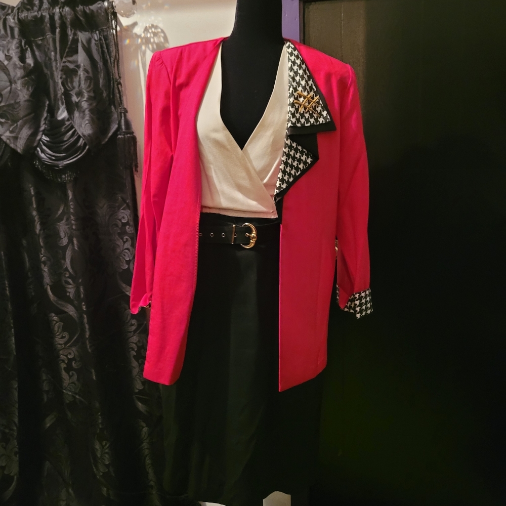 1980's power dress asymmetrical pattern with belt. Retro vintage - Picture 3 of 7